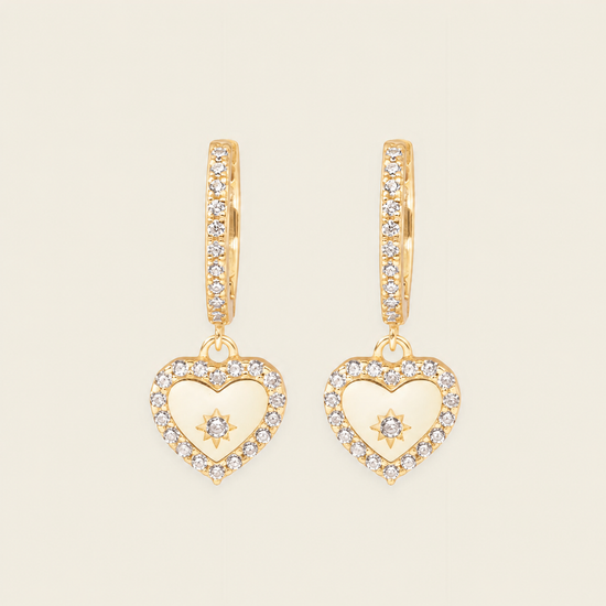 Quiet Heart Earrings with heart-shaped charms on small hoops in gold finish