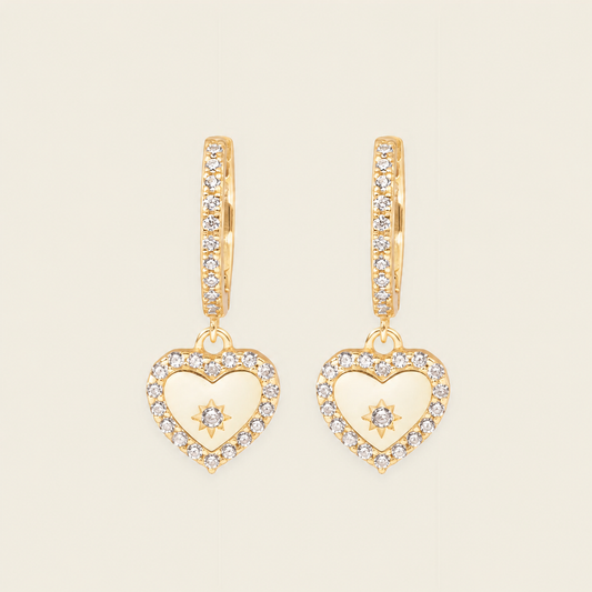 Quiet Heart Earrings with heart-shaped charms on small hoops in gold finish