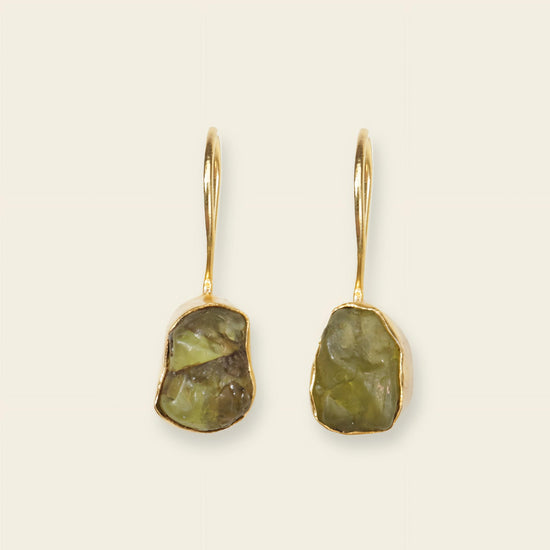 Quiet Leaf Earrings with green stone drops on gold-coloured hooks