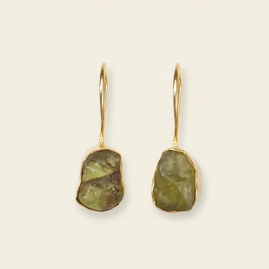 Quiet Leaf Earrings with green stone drops on gold-coloured hooks