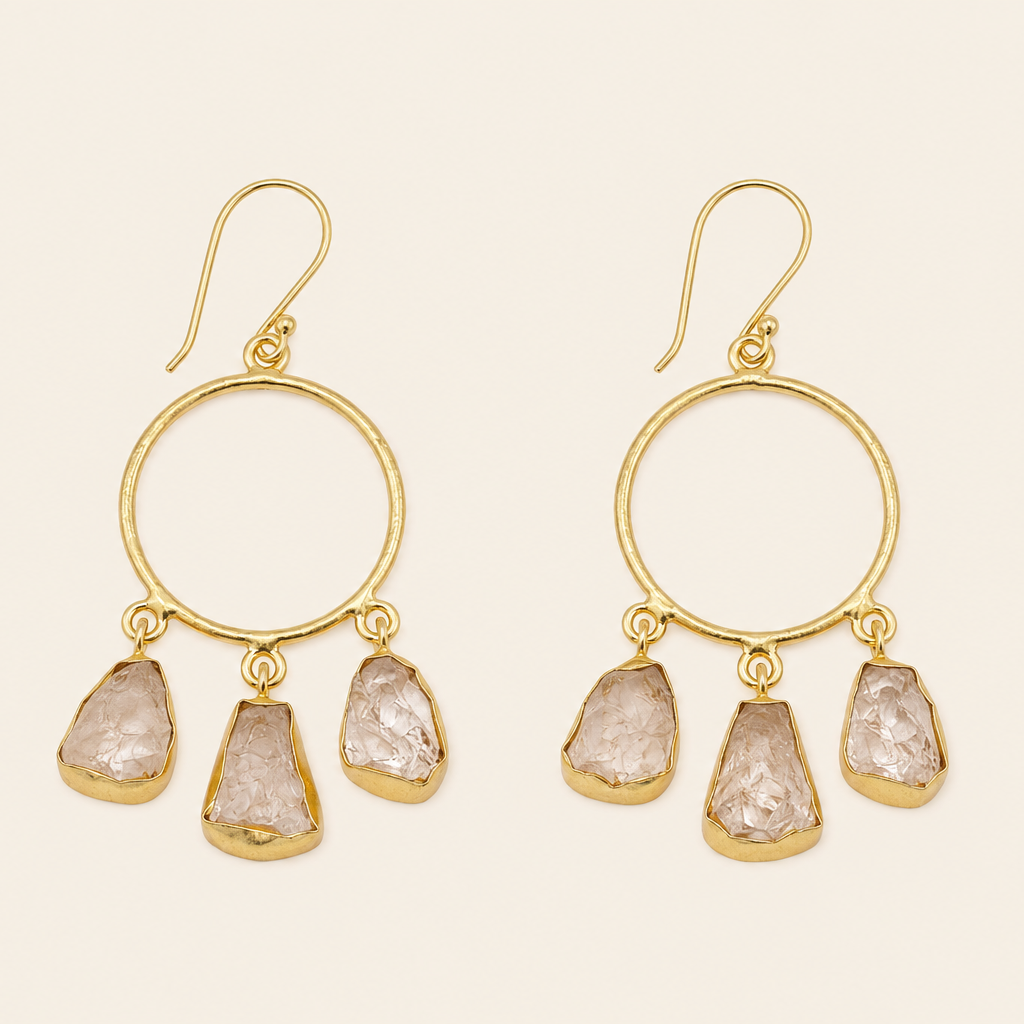 Raw Balance Earrings with open circular frames and three pale stone drops