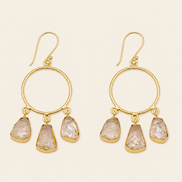 Raw Balance Earrings with open circular frames and three pale stone drops