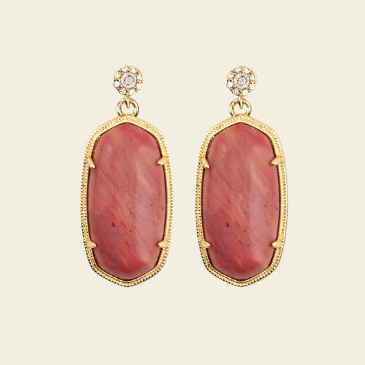 Rose Hold Earrings with long pink stone drops in gold-coloured settings