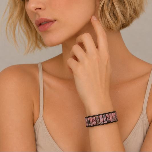 Rosemark Tile Bracelet worn on the wrist, with pink and black veined stone tiles