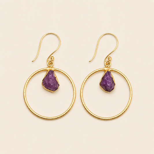 Ruby Hoop Earrings with open gold-coloured circles and purple stone drops