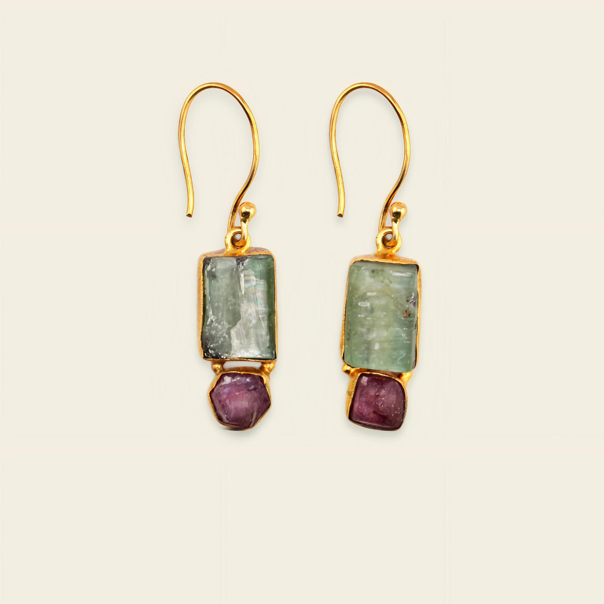 Ruby Meadow Earrings with green rectangular stones and purple drops