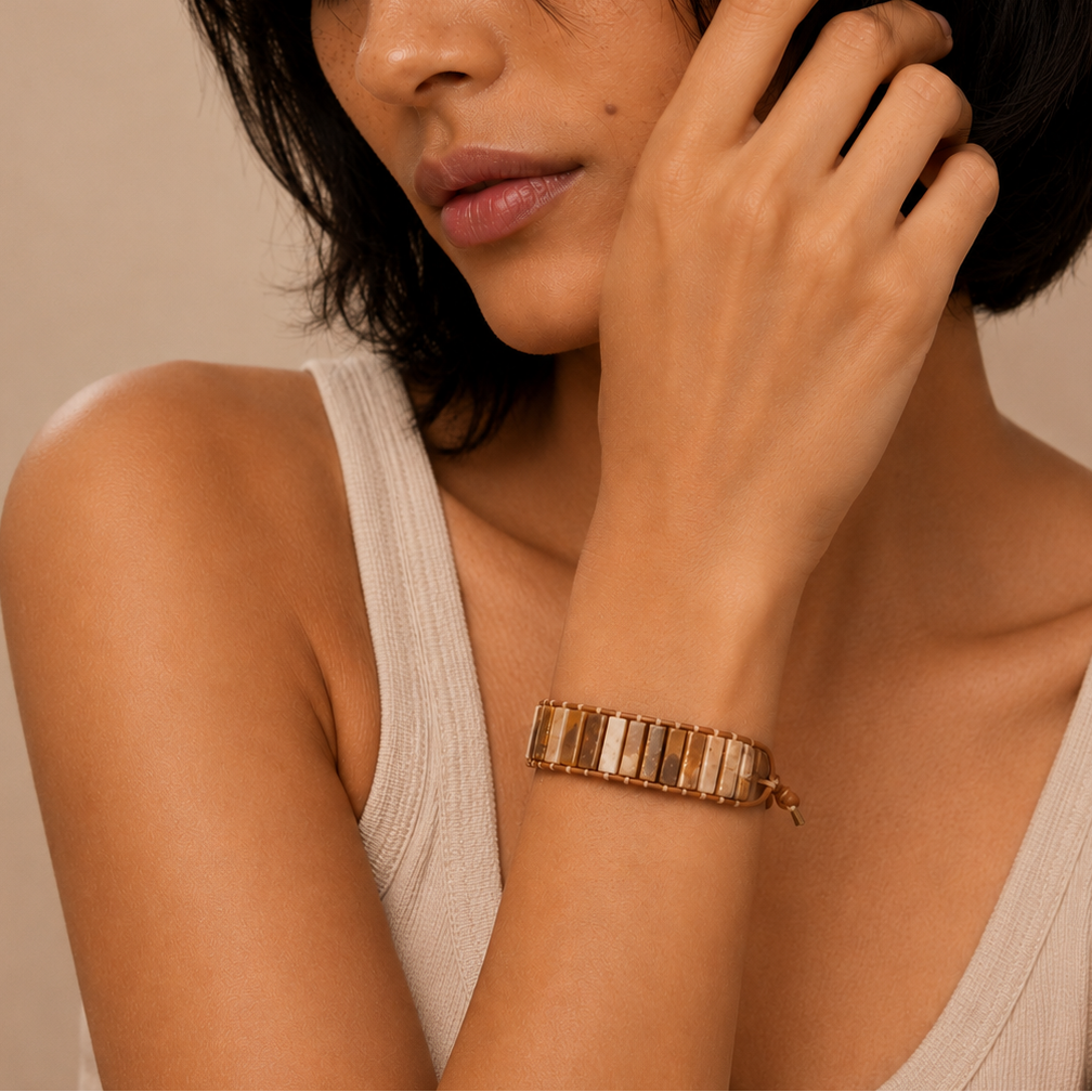 Sandmark Tile Bracelet worn on the wrist, with brown and cream patterned stone tiles