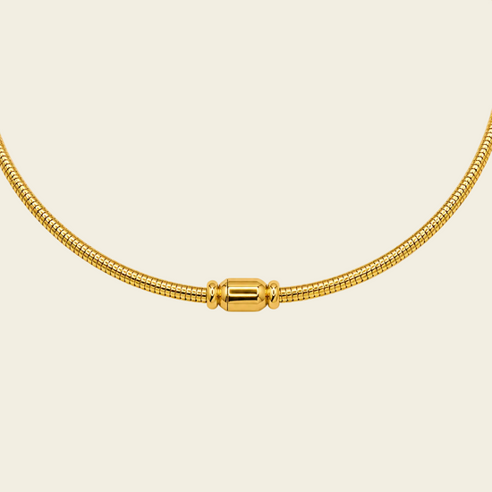 Sculpted Arc Necklace, showing the fastening detail in gold finish