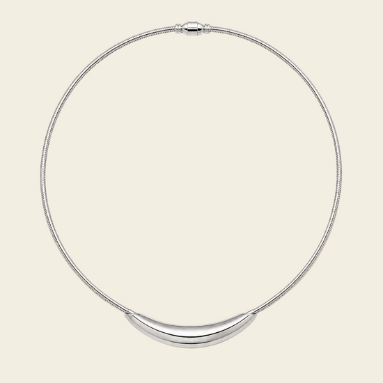 Sculpted Arc Necklace with a fine collar with a sculpted curved centre in silver finish