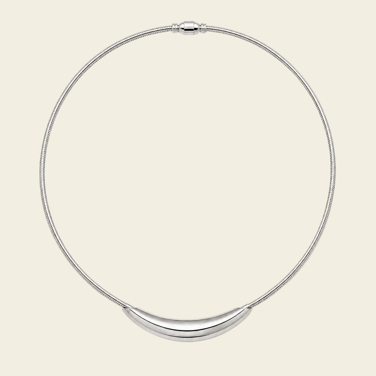 Sculpted Arc Necklace with a fine collar with a sculpted curved centre in silver finish