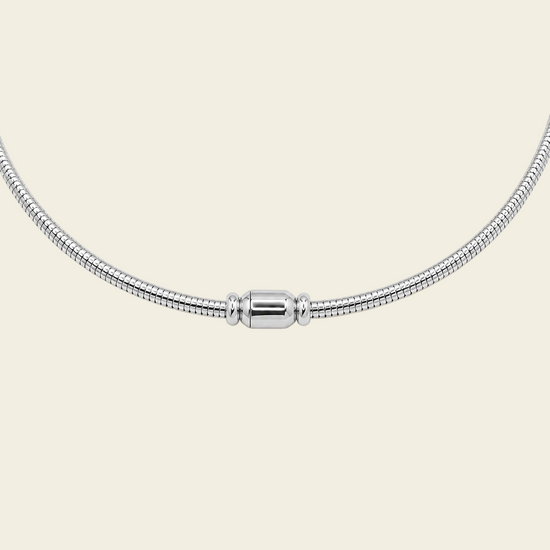 Sculpted Arc Necklace, showing the fastening detail in silver finish
