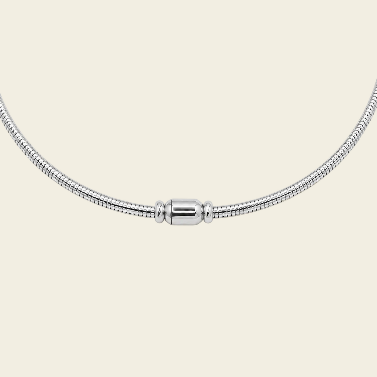 Sculpted Arc Necklace, showing the fastening detail in silver finish