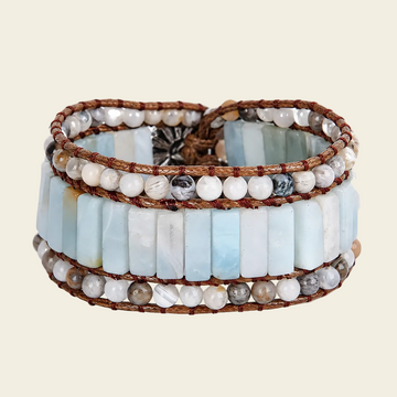 Sealine Tile Bracelet with pale blue tiles and round beads on brown cord
