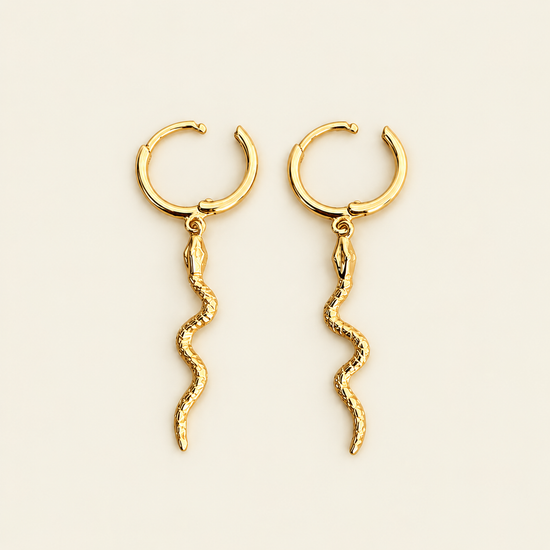Serpent Drop Earrings with slender snake-shaped charms on small hoops in gold finish
