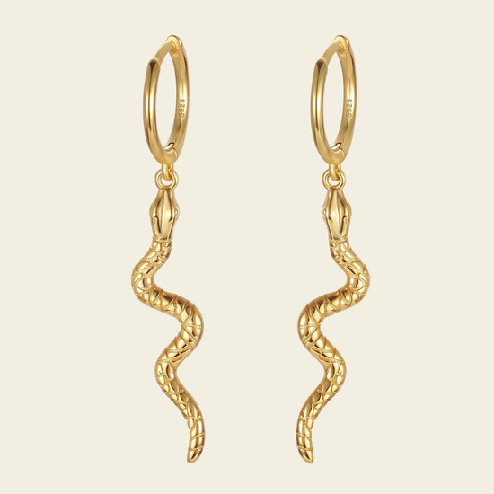 Serpent Drop Earrings with slender snake-shaped charms on small hoops in gold finish