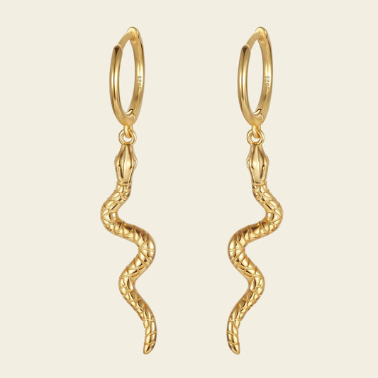 Serpent Drop Earrings with slender snake-shaped charms on small hoops in gold finish