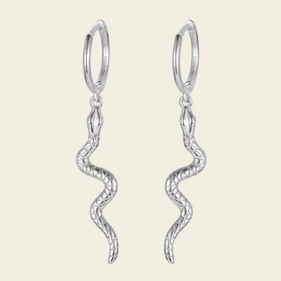 Serpent Drop Earrings with slender snake-shaped charms on small hoops in silver finish