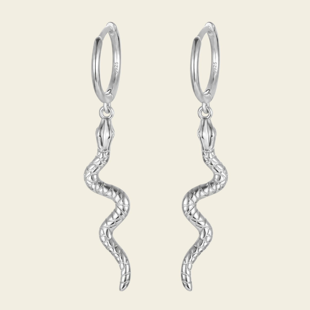 Serpent Drop Earrings with slender snake-shaped charms on small hoops in silver finish