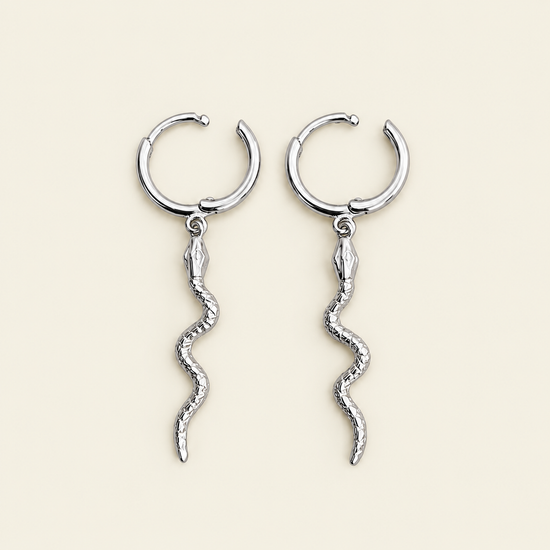 Serpent Drop Earrings with slender snake-shaped charms on small hoops in silver finish