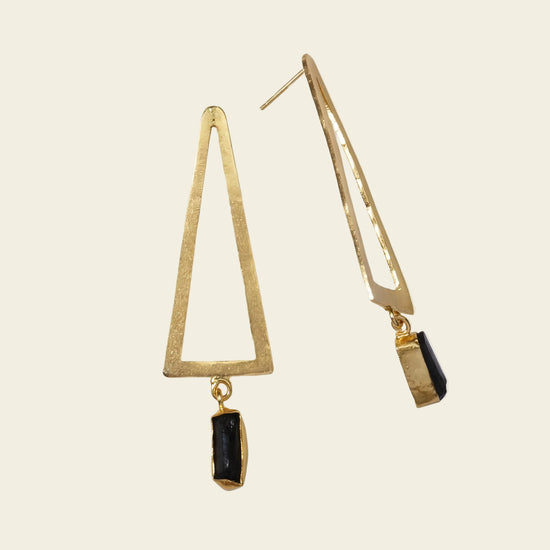 Shadow Frame Earrings with long triangular frames and dark rectangular drops