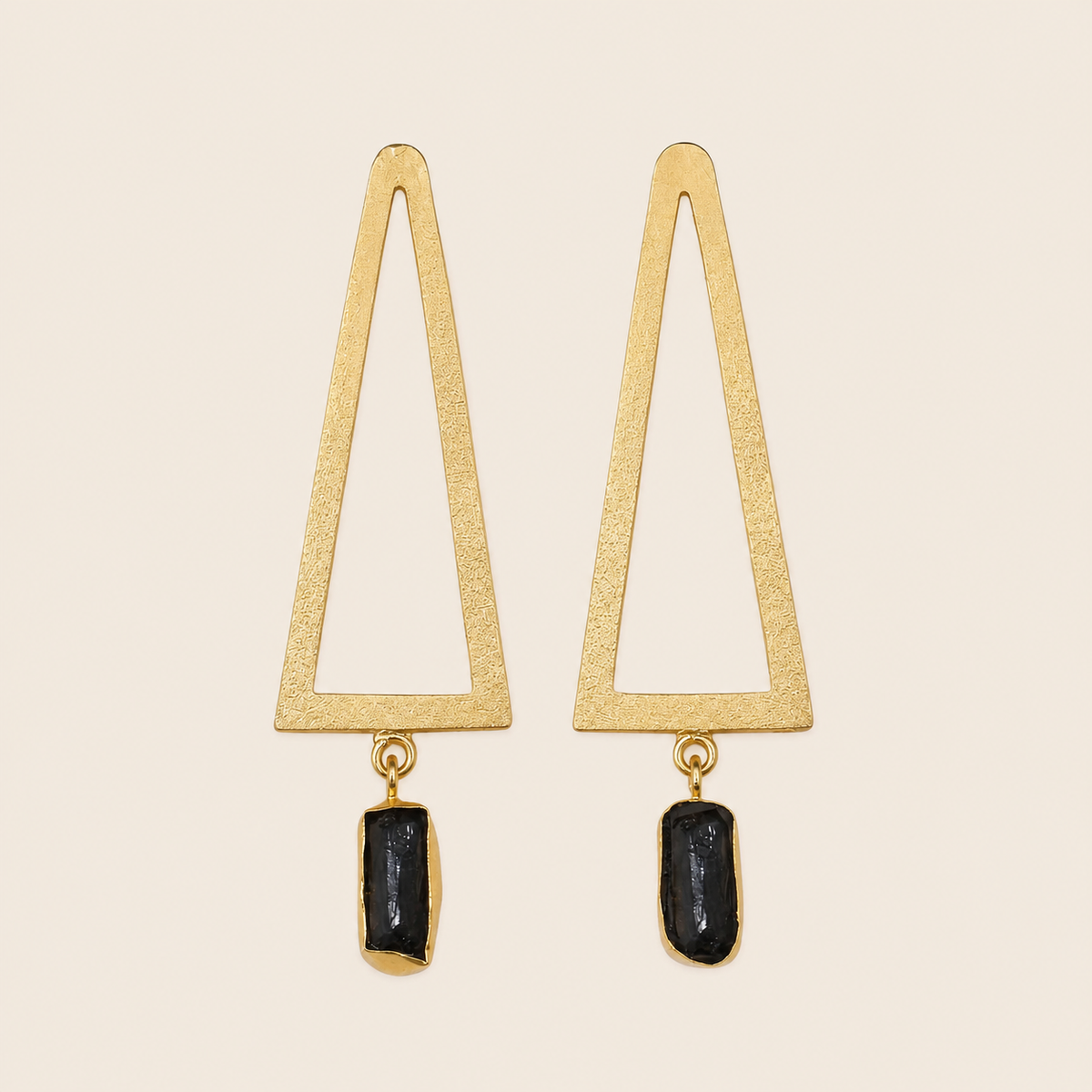 Shadow Frame Earrings with long triangular frames and dark rectangular drops