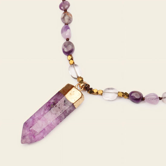 Signal Drift Necklace with purple beads and a pointed purple pendant