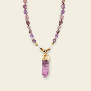 Signal Drift Necklace with purple beads and a pointed purple pendant