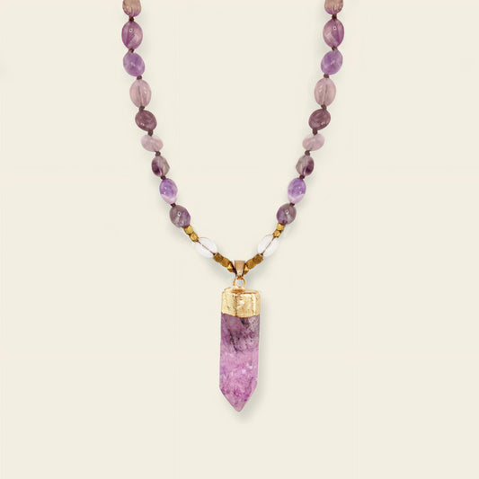 Signal Drift Necklace with purple beads and a pointed purple pendant