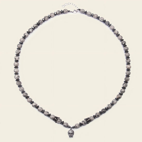 Skull Drift Necklace with round stone beads and skull-shaped accents