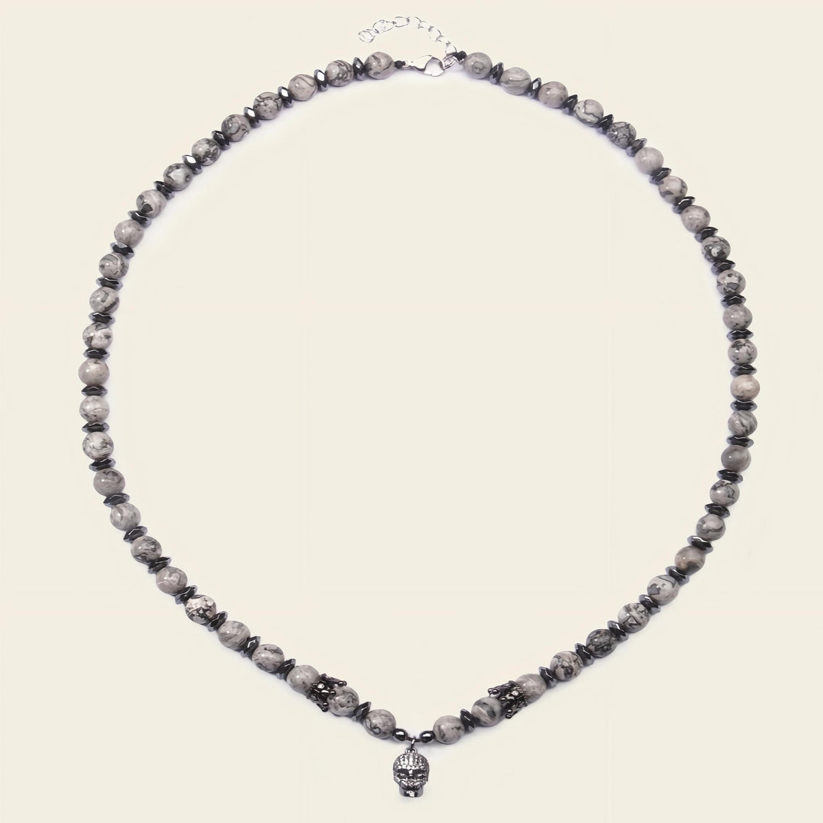 Skull Drift Necklace with round stone beads and skull-shaped accents