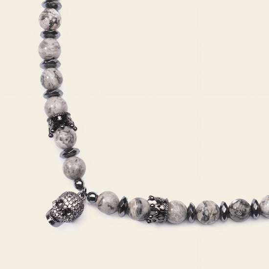 Skull Drift Necklace with round stone beads and skull-shaped accents