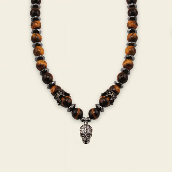 Skull Drift Necklace with round stone beads and skull-shaped accents
