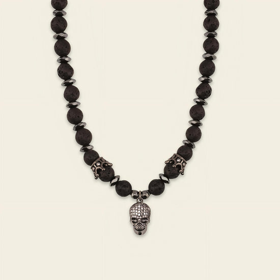 Skull Drift Necklace with round stone beads and skull-shaped accents