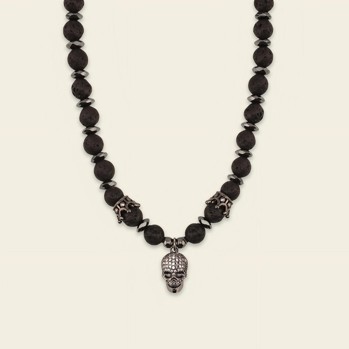 Skull Drift Necklace with round stone beads and skull-shaped accents
