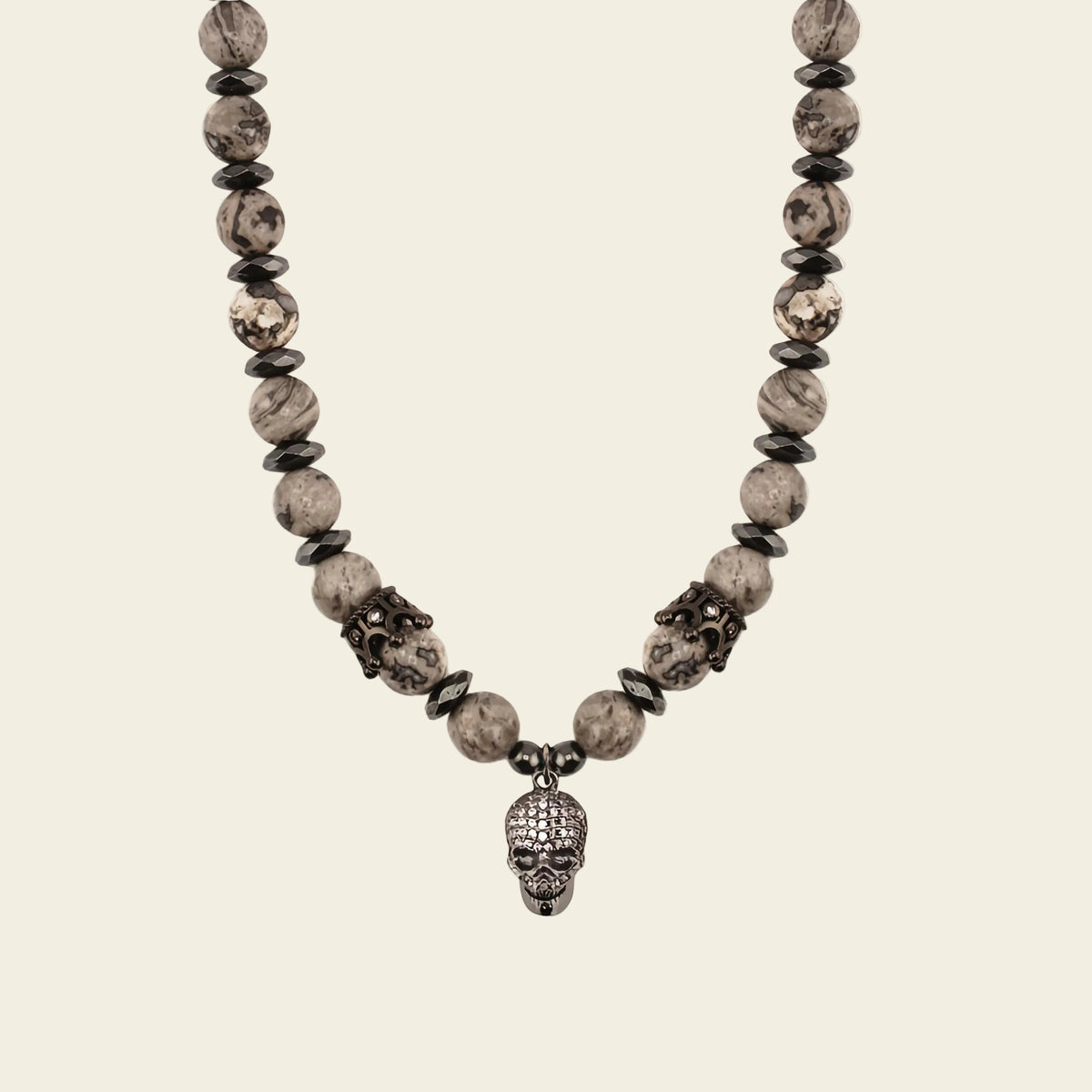 Skull Drift Necklace with round stone beads and skull-shaped accents