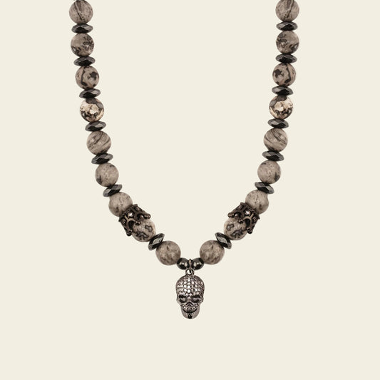 Skull Drift Necklace with round stone beads and skull-shaped accents