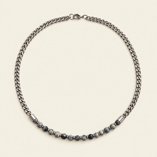 Slate Link Necklace with stone beads paired with a silver-coloured chain