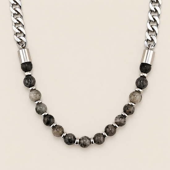 Slate Link Necklace with stone beads paired with a silver-coloured chain
