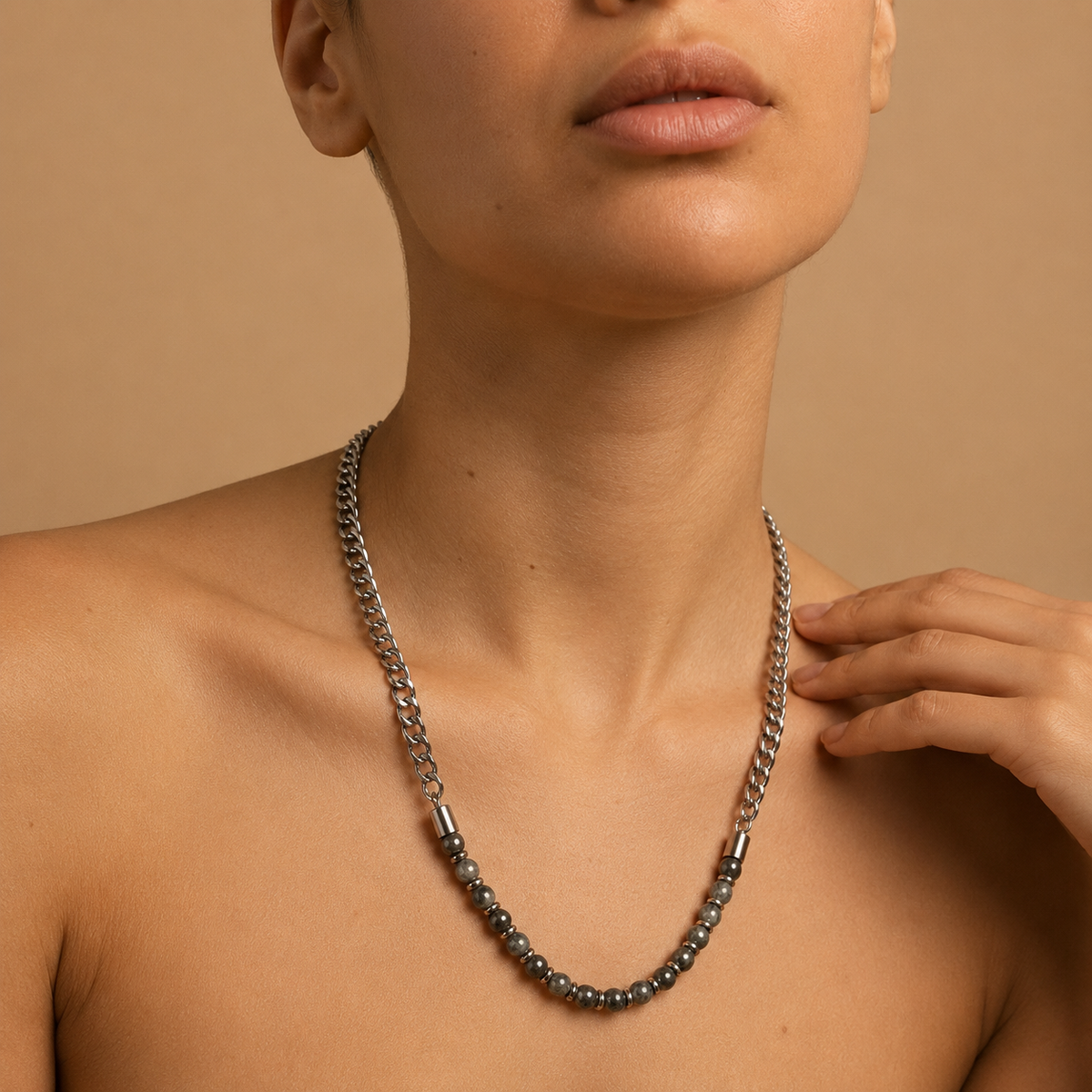 Slate Link Necklace worn at the neckline, with stone beads paired with a silver-coloured chain