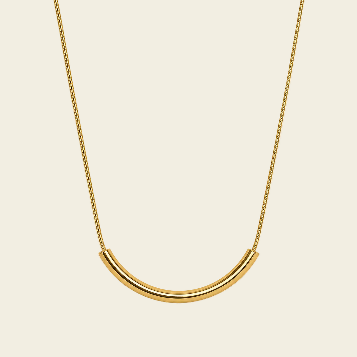 Slender Arc Necklace with a fine chain and slender curved bar in gold finish