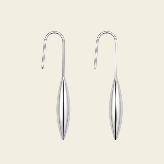 Slender Leaf Earrings with long fine hooks and slender leaf-shaped drops in silver finish