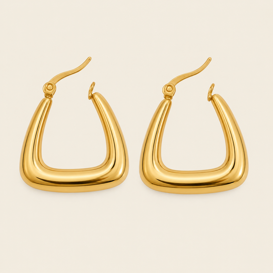 Soft Angle Earrings with polished rounded triangular hoops in gold finish