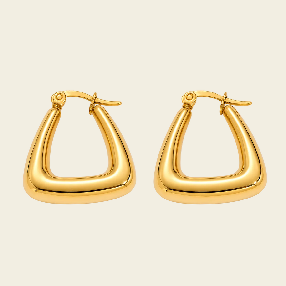 Soft Angle Earrings with polished rounded triangular hoops in gold finish
