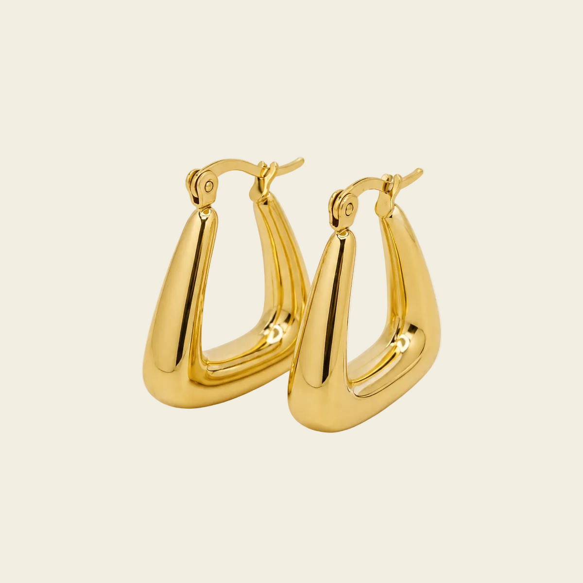 Soft Angle Earrings with polished rounded triangular hoops in gold finish