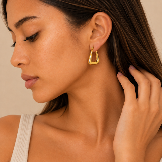 Soft Angle Earrings worn on the ear in gold finish