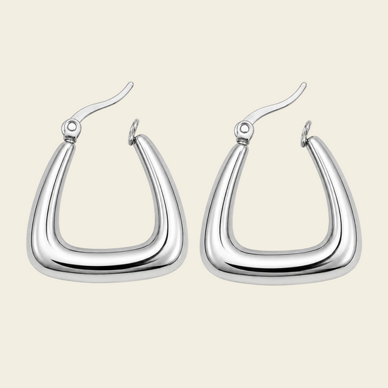 Soft Angle Earrings with polished rounded triangular hoops in silver finish