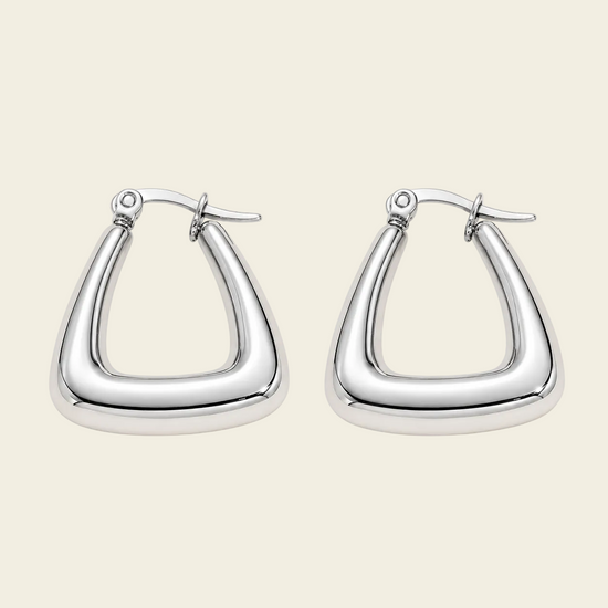 Soft Angle Earrings with polished rounded triangular hoops in silver finish