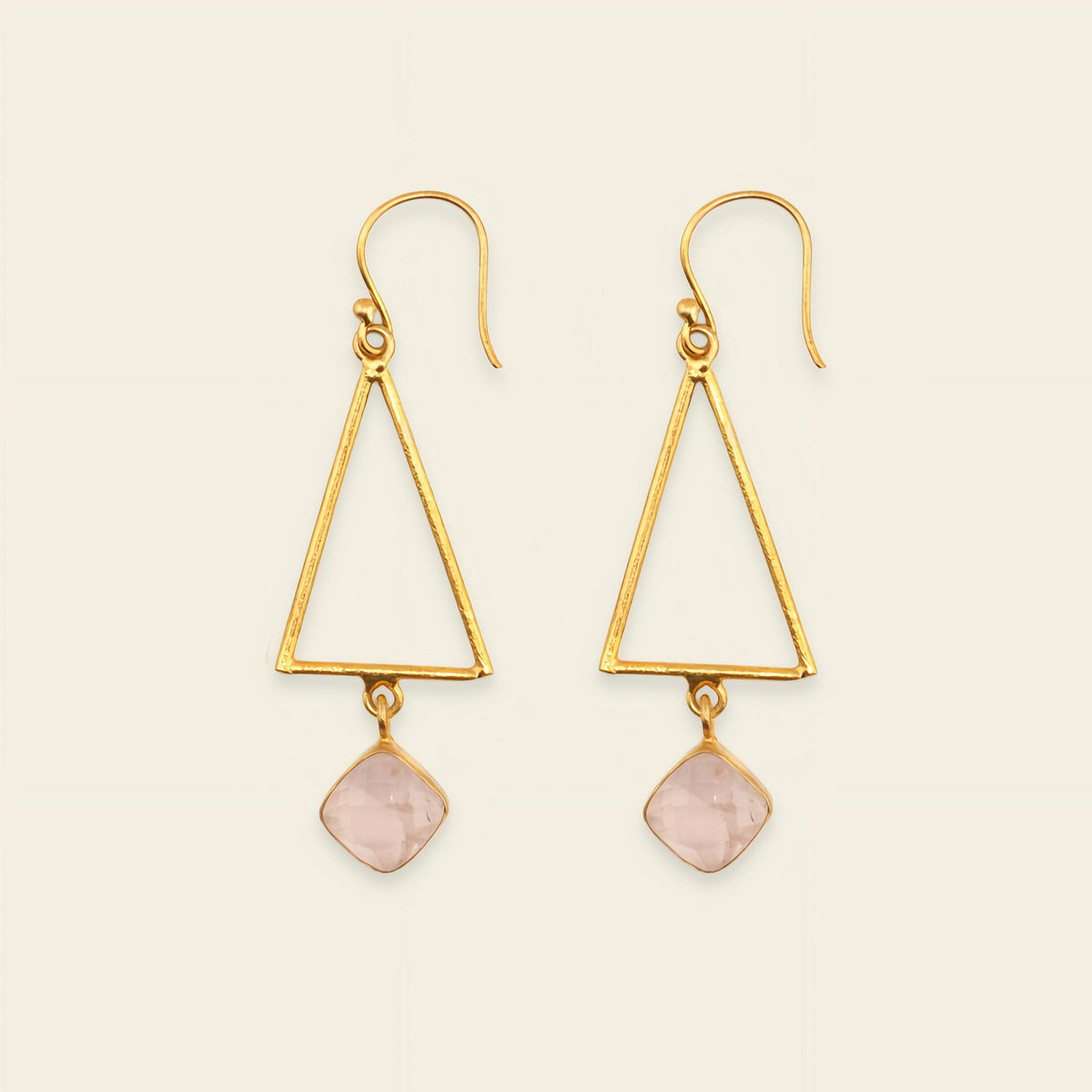 Soft Axis Earrings with open triangular frames and pale pink stone drops