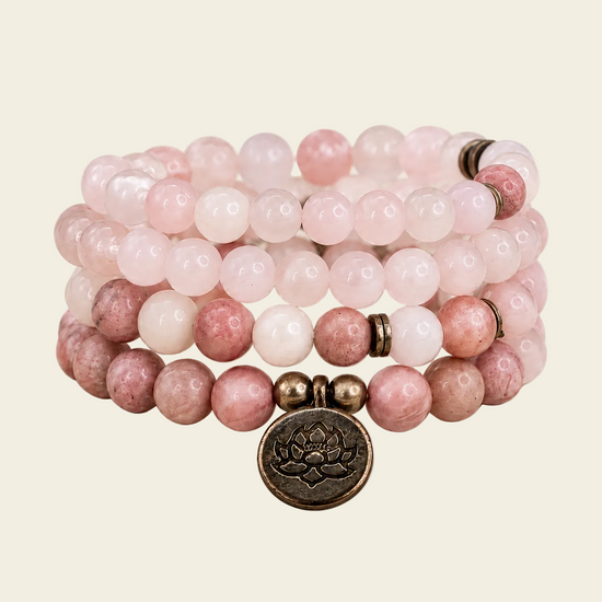 Soft Bloom Necklace with pink beads wrapped into bracelet strands