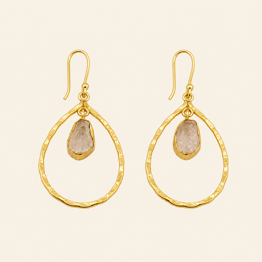 Soft Halo Earrings with open teardrop frames and pale stone accents